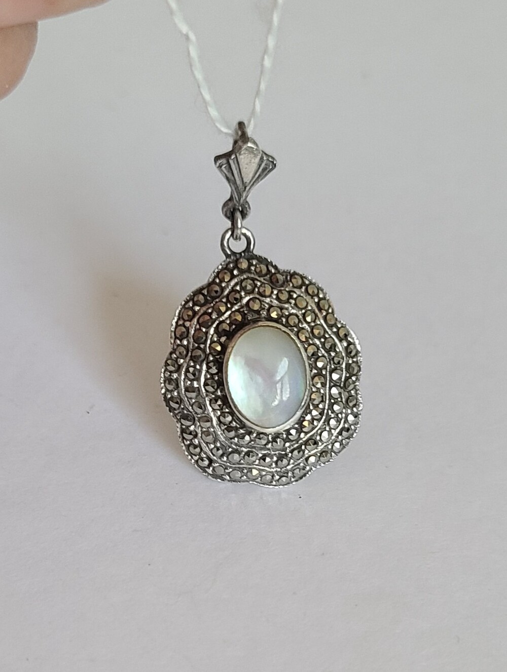 Vintage Sterling Silver Boho Scalloped Oval Marcasite Pearl Gemstone Pendant